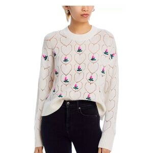 Luxurious 100% Cashmere Pointelle Embroidered Crewneck Sweater By Aqua in Ivory